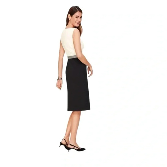 Talbots Black Cream Ponte Grosgrain Trim Sheath Dress Sleeveless Round Neck 10 - Picture 2 of 13
